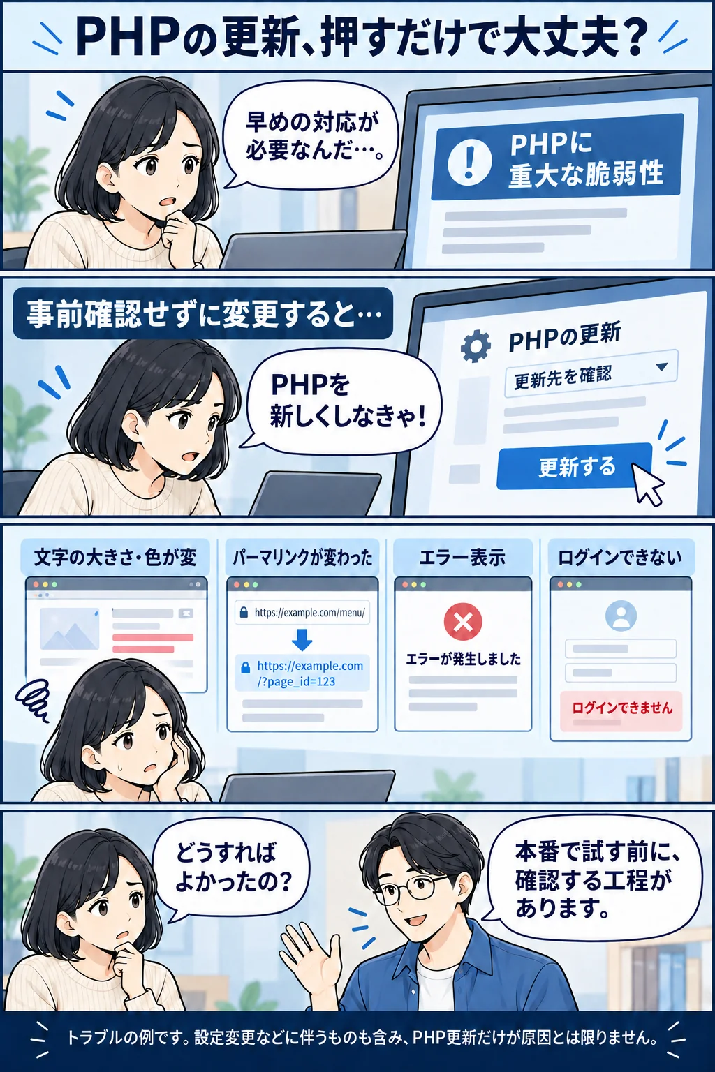 保守の説明漫画1:更新後の表示崩れ・ページのURL形式(パーマリンク)の変化・エラー・ログイン不可の例