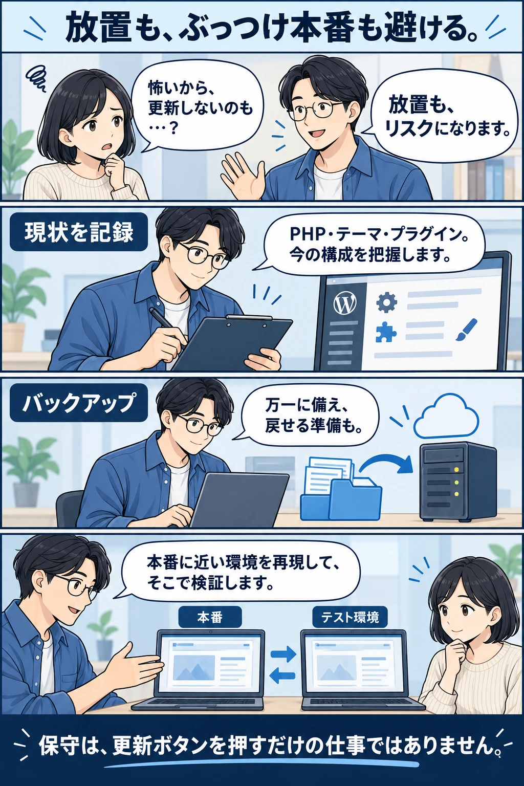 保守の説明漫画2:放置も、ぶっつけ本番の更新も避ける