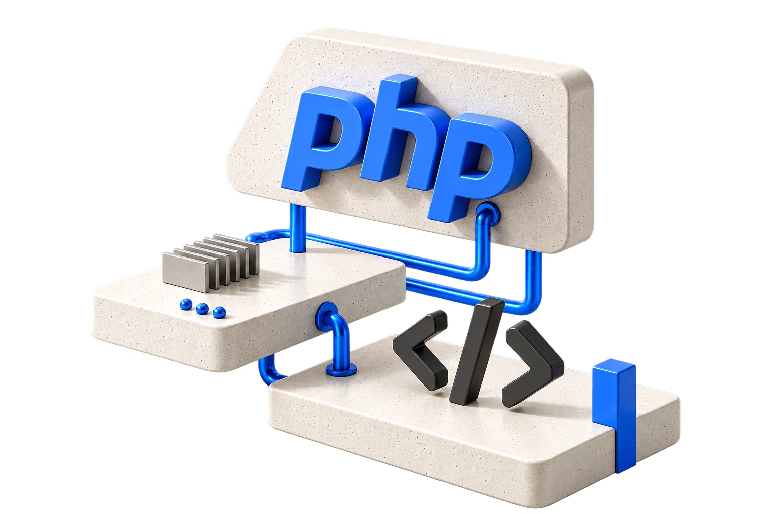 PHPをモチーフにした白い石と青い配管の立体造形